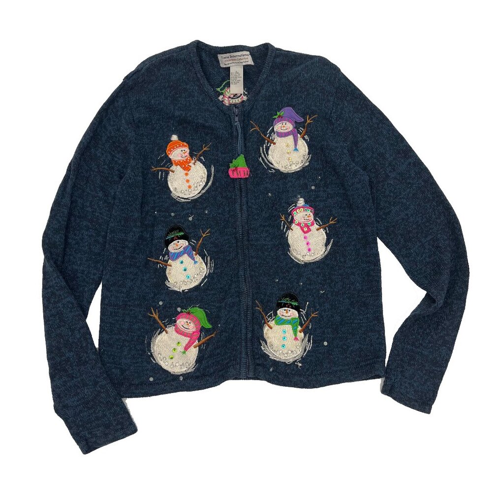 Tiara International Snowman Christmas Winter Sweater Cardigan Full Zip Womens L